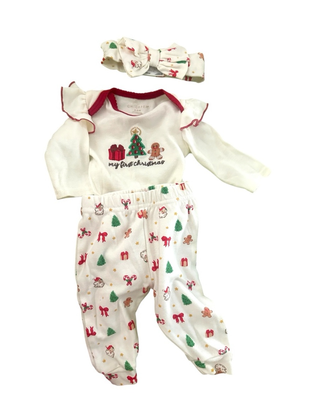 NWOT Chick Pea Baby Girls First Christmas Outfit w/bow size 0-3 months